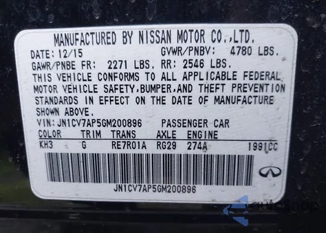 2016 Infiniti Q50 2.0T Base z USA, uszkodzony, nr VIN JN1CV7AP5GM200896